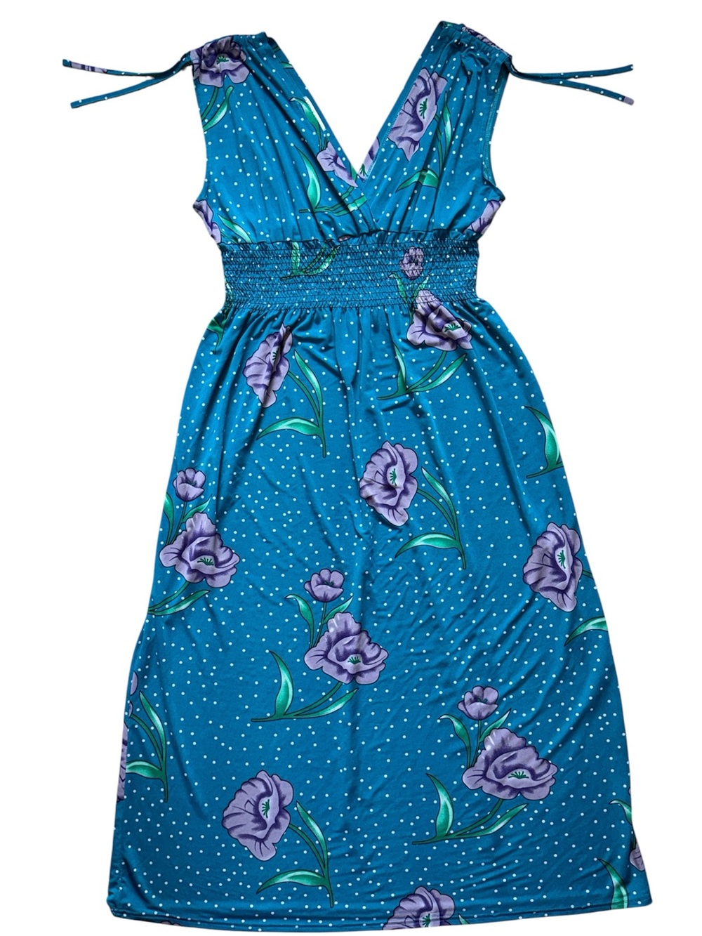 Turquoise Polka Dot Floral Polyester Stretch Dress